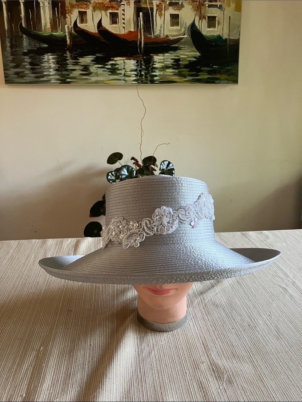 Chic Gray Satin Ribbon Hat with White Lace Sequined Floral Appliqué Band